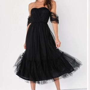 Lulus Divine Dreamer Off the‎ Shoulder Tiered Midi Dress, Black, Large, NWT